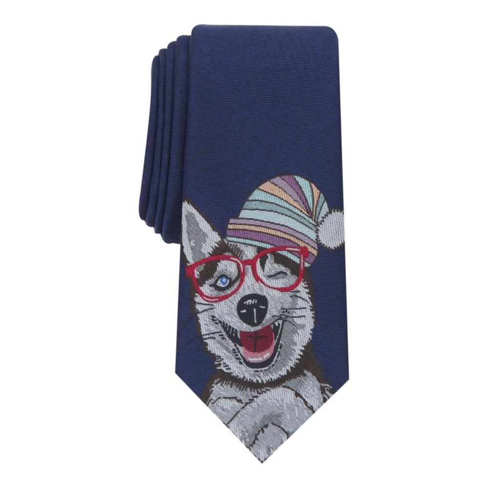 BAR III Mens Navy Graphic Happy Holidays Pup Slim Neck Tie